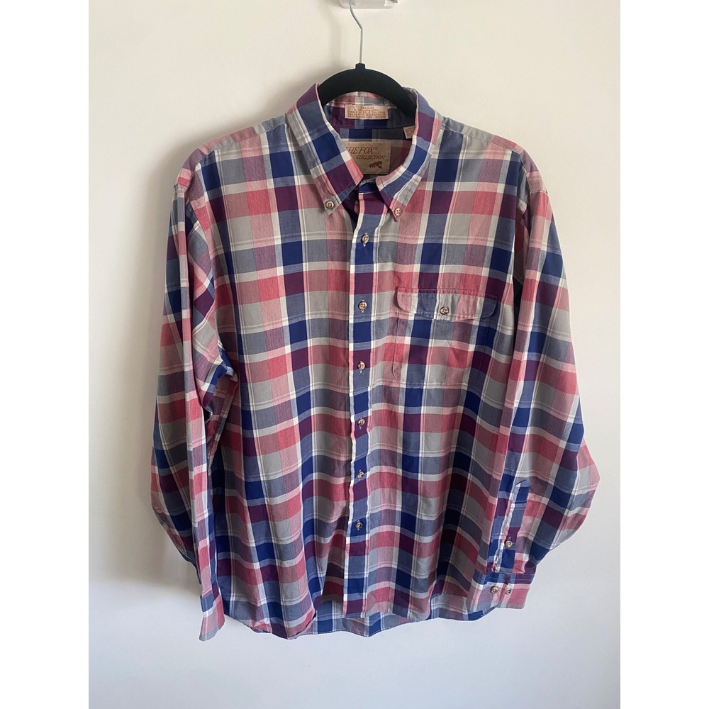Vintage The Fox Collection Mens Large Plaid Button Down Shirt Red Blue Hong Kong